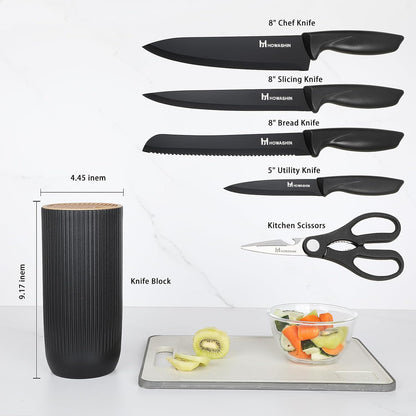 6-Piece Black Kitchen Knife Set with Block - Non-stick Stainless Steel, Anti-Rust Knives for Cooking, Slicing & Baking, Perfect for Home Chefs & Culinary Enthusiasts