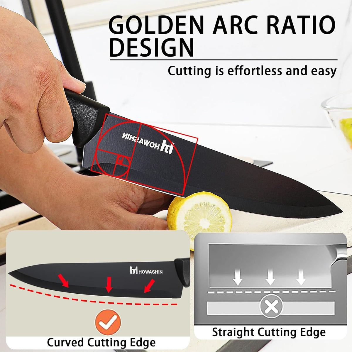 6-Piece Black Kitchen Knife Set with Block - Non-stick Stainless Steel, Anti-Rust Knives for Cooking, Slicing & Baking, Perfect for Home Chefs & Culinary Enthusiasts