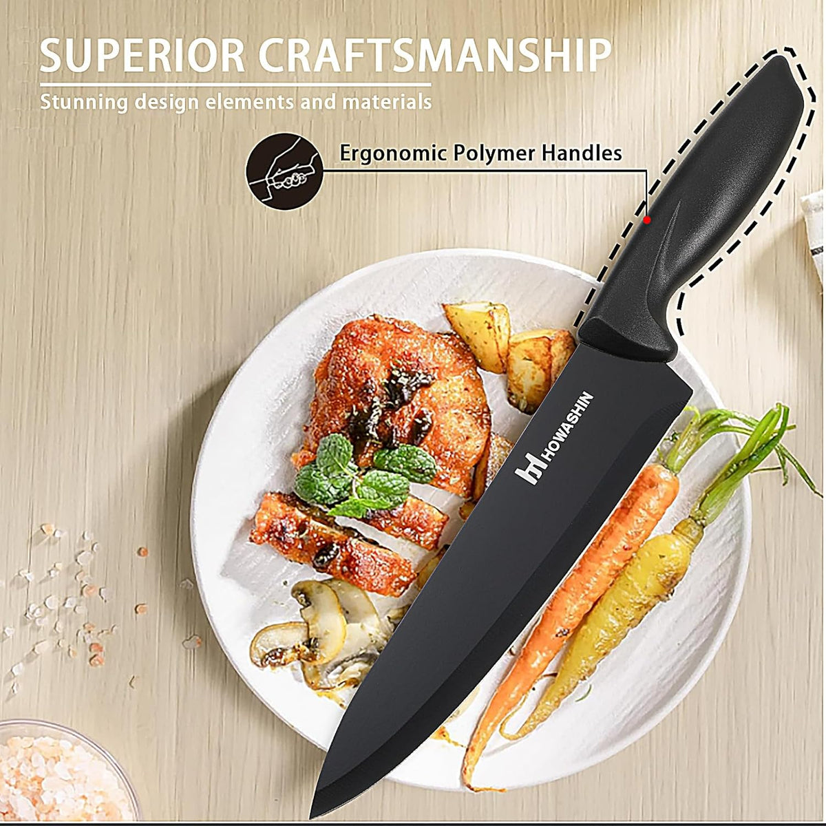6-Piece Black Kitchen Knife Set with Block - Non-stick Stainless Steel, Anti-Rust Knives for Cooking, Slicing & Baking, Perfect for Home Chefs & Culinary Enthusiasts