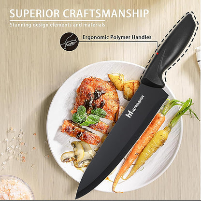 6-Piece Black Kitchen Knife Set with Block - Non-stick Stainless Steel, Anti-Rust Knives for Cooking, Slicing & Baking, Perfect for Home Chefs & Culinary Enthusiasts
