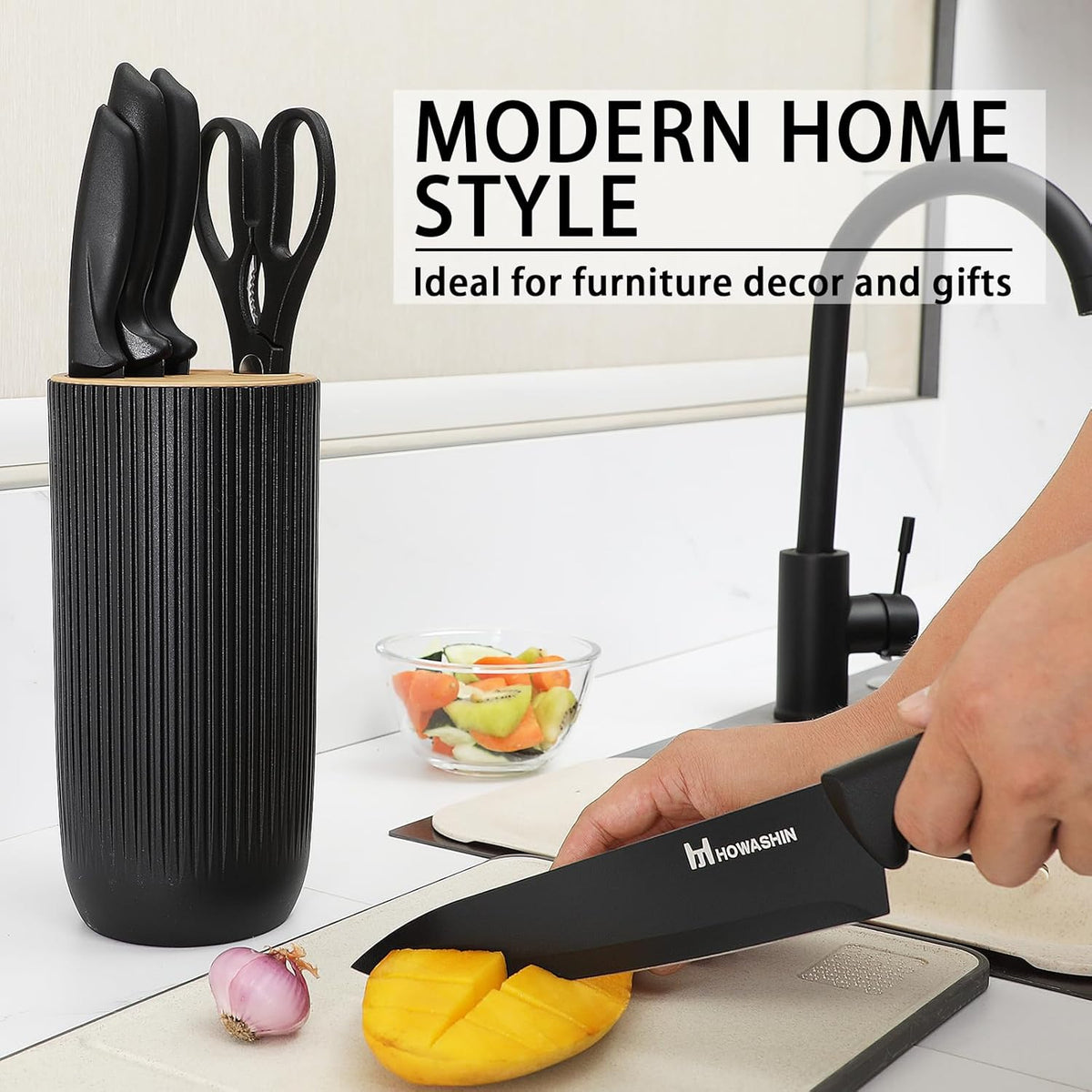 6-Piece Black Kitchen Knife Set with Block - Non-stick Stainless Steel, Anti-Rust Knives for Cooking, Slicing & Baking, Perfect for Home Chefs & Culinary Enthusiasts