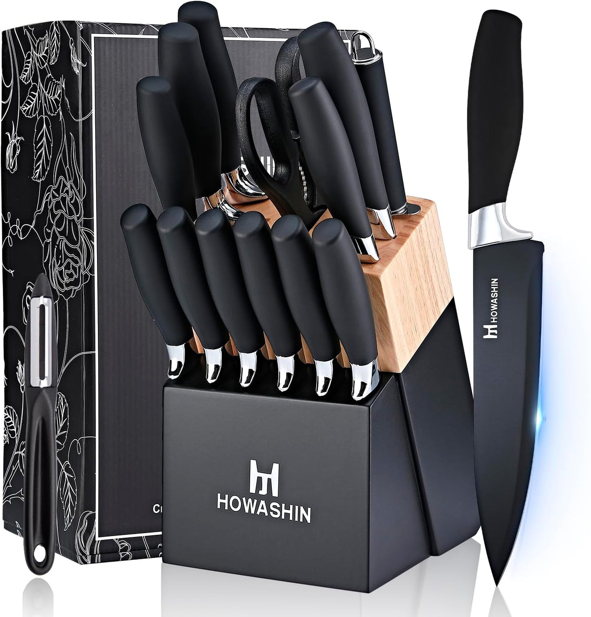 6-Piece Black Kitchen Knife Set with Block - Non-stick Stainless Steel, Anti-Rust Knives for Cooking, Slicing & Baking, Perfect for Home Chefs & Culinary Enthusiasts