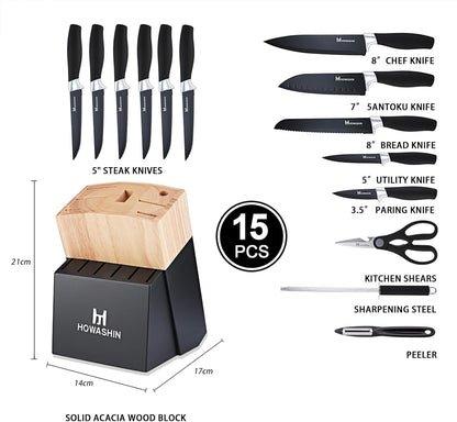 6-Piece Black Kitchen Knife Set with Block - Non-stick Stainless Steel, Anti-Rust Knives for Cooking, Slicing & Baking, Perfect for Home Chefs & Culinary Enthusiasts