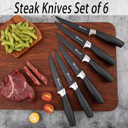 6-Piece Black Kitchen Knife Set with Block - Non-stick Stainless Steel, Anti-Rust Knives for Cooking, Slicing & Baking, Perfect for Home Chefs & Culinary Enthusiasts