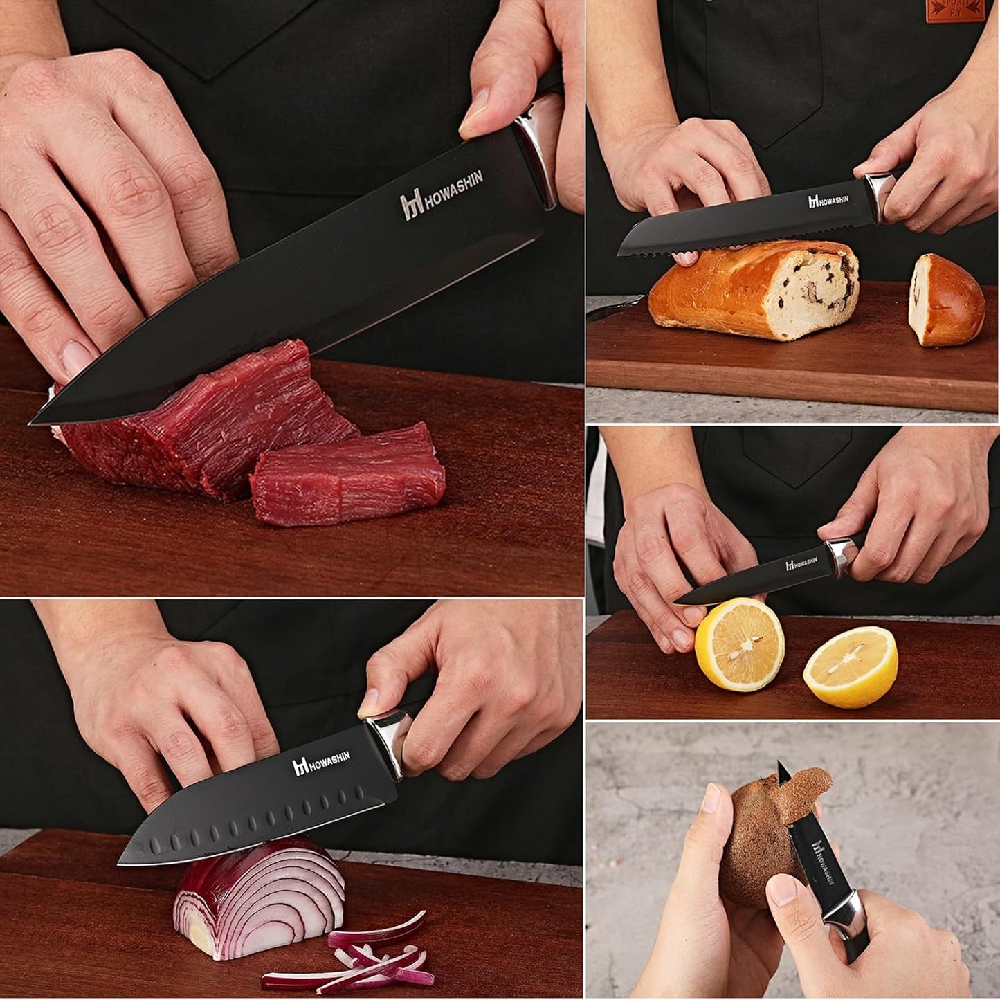 6-Piece Black Kitchen Knife Set with Block - Non-stick Stainless Steel, Anti-Rust Knives for Cooking, Slicing & Baking, Perfect for Home Chefs & Culinary Enthusiasts