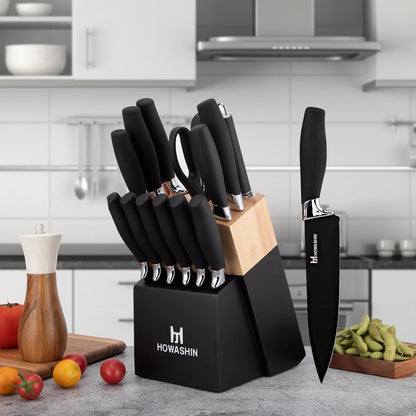 6-Piece Black Kitchen Knife Set with Block - Non-stick Stainless Steel, Anti-Rust Knives for Cooking, Slicing & Baking, Perfect for Home Chefs & Culinary Enthusiasts