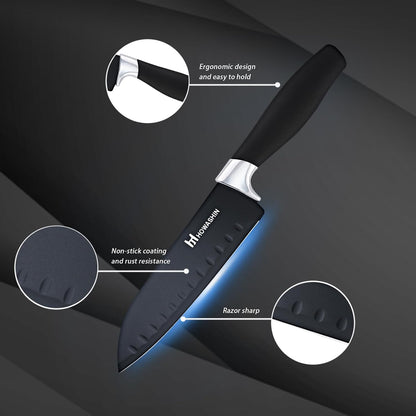 6-Piece Black Kitchen Knife Set with Block - Non-stick Stainless Steel, Anti-Rust Knives for Cooking, Slicing & Baking, Perfect for Home Chefs & Culinary Enthusiasts