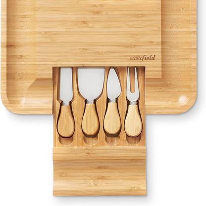 Bamboo Cheese Board and Knife Gift Set, Wooden Charcuterie Board Meat and Cheese Platter for Entertaining, Housewarming, Birthday, Wedding