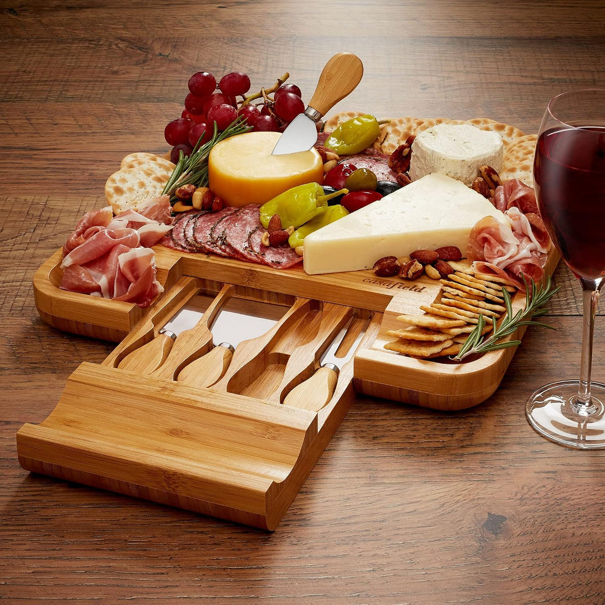 Bamboo Cheese Board and Knife Gift Set, Wooden Charcuterie Board Meat and Cheese Platter for Entertaining, Housewarming, Birthday, Wedding