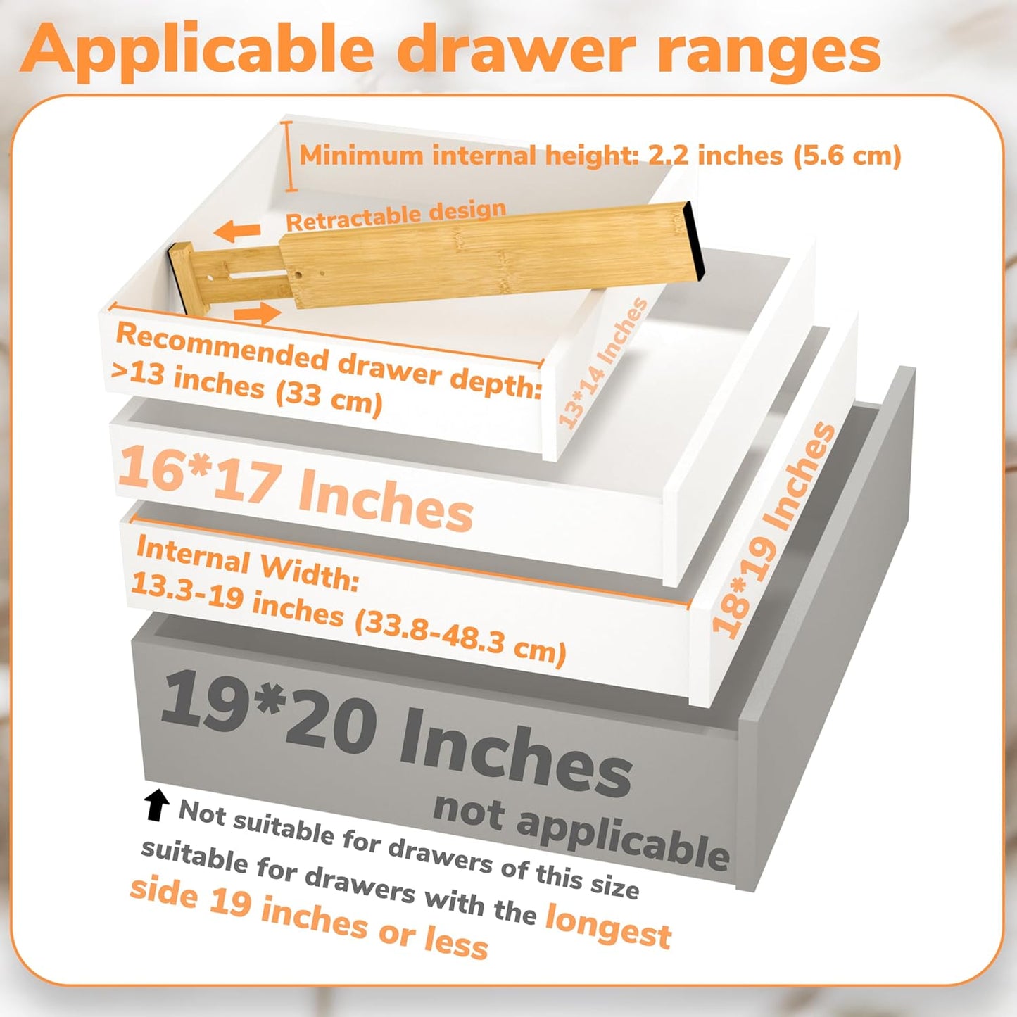Bamboo Expandable Drawer Dividers – Fits 13.3"–19" Drawers, 2" High, Set of 4 | Spring-Loaded Bamboo Separator for Kitchen Island, Bathroom Vanity & Dresser Drawers