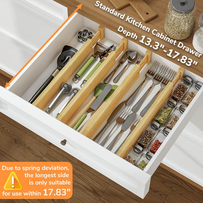 Bamboo Expandable Drawer Dividers – Fits 13.3"–19" Drawers, 2" High, Set of 4 | Spring-Loaded Bamboo Separator for Kitchen Island, Bathroom Vanity & Dresser Drawers