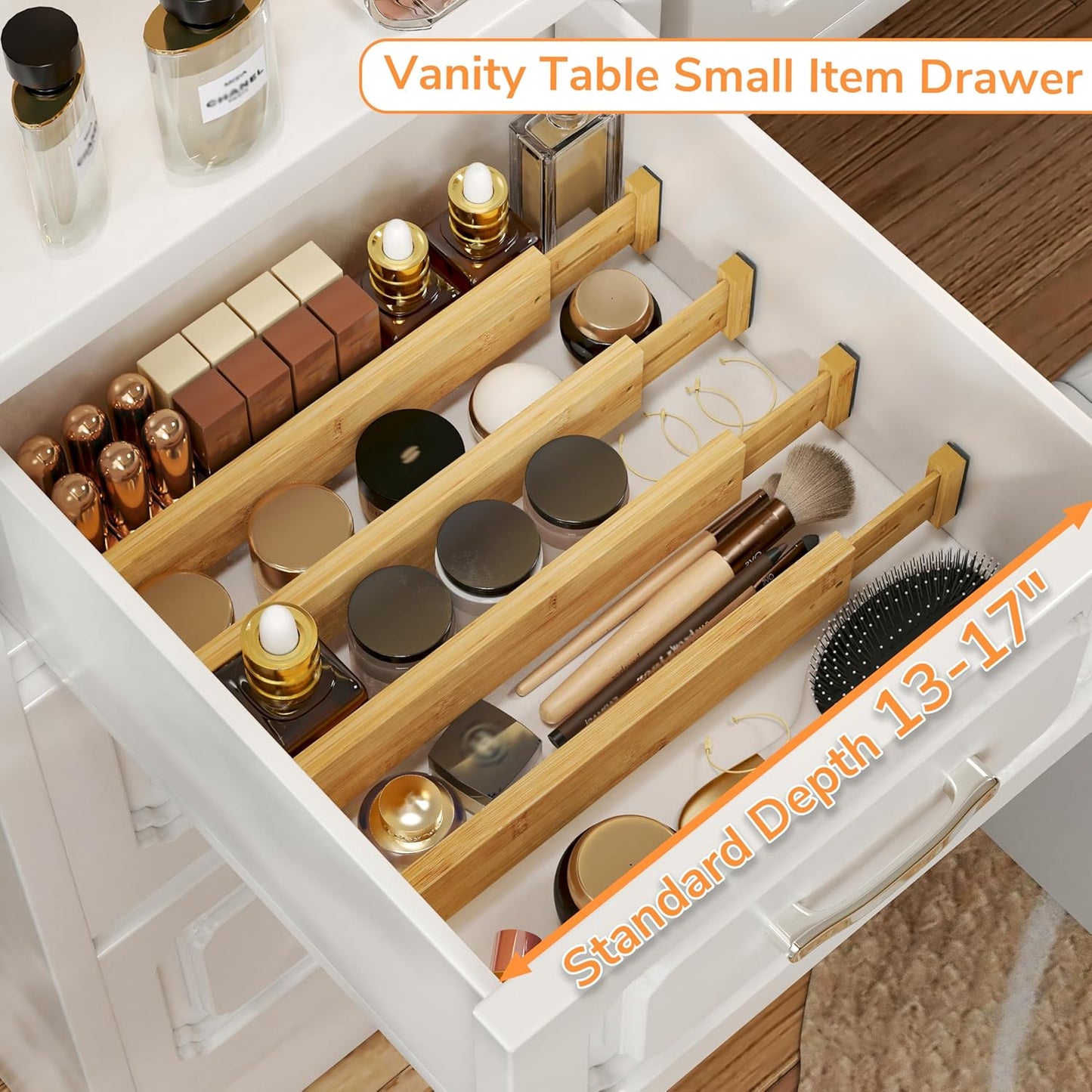 Bamboo Expandable Drawer Dividers – Fits 13.3"–19" Drawers, 2" High, Set of 4 | Spring-Loaded Bamboo Separator for Kitchen Island, Bathroom Vanity & Dresser Drawers