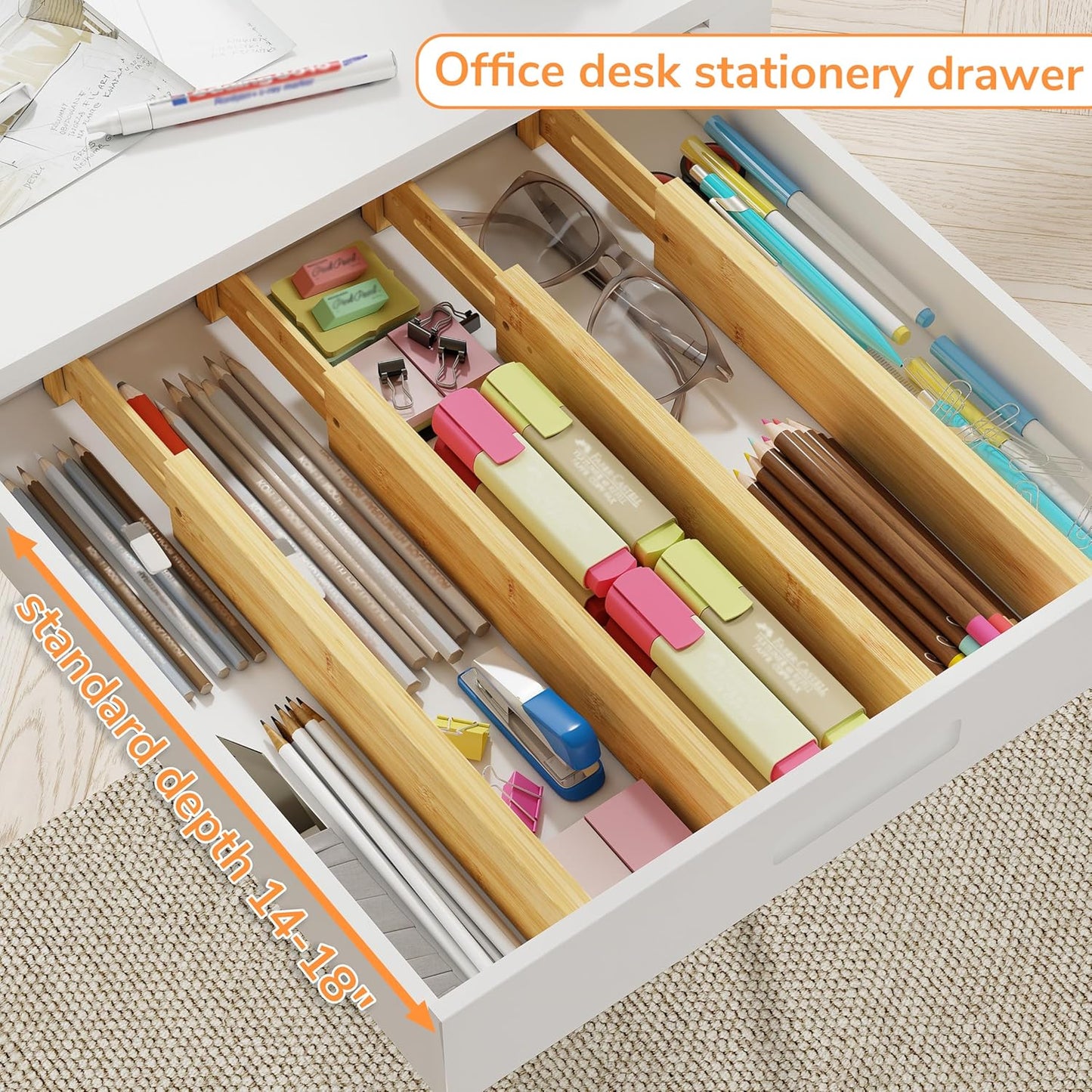 Bamboo Expandable Drawer Dividers – Fits 13.3"–19" Drawers, 2" High, Set of 4 | Spring-Loaded Bamboo Separator for Kitchen Island, Bathroom Vanity & Dresser Drawers