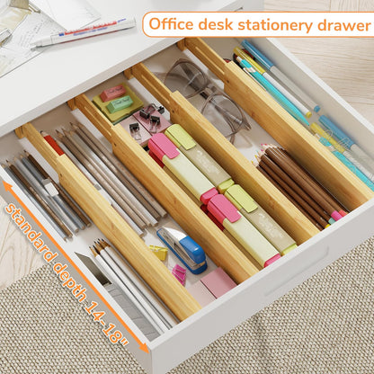 Bamboo Expandable Drawer Dividers – Fits 13.3"–19" Drawers, 2" High, Set of 4 | Spring-Loaded Bamboo Separator for Kitchen Island, Bathroom Vanity & Dresser Drawers