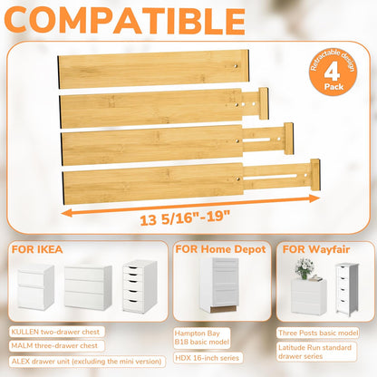 Bamboo Expandable Drawer Dividers – Fits 13.3"–19" Drawers, 2" High, Set of 4 | Spring-Loaded Bamboo Separator for Kitchen Island, Bathroom Vanity & Dresser Drawers