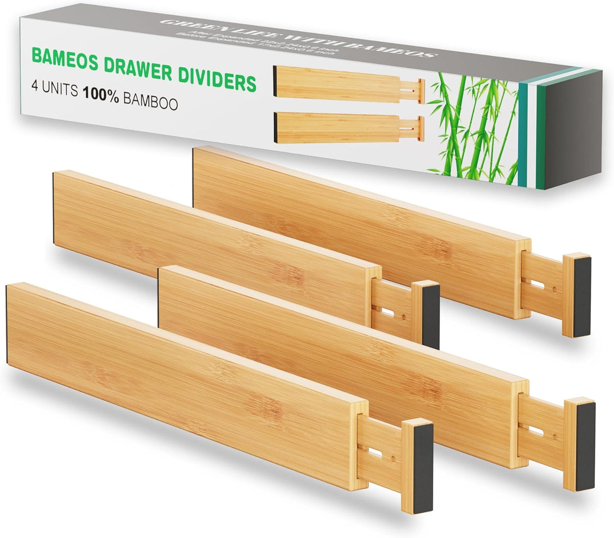 Bamboo Expandable Drawer Dividers – Fits 13.3"–19" Drawers, 2" High, Set of 4 | Spring-Loaded Bamboo Separator for Kitchen Island, Bathroom Vanity & Dresser Drawers