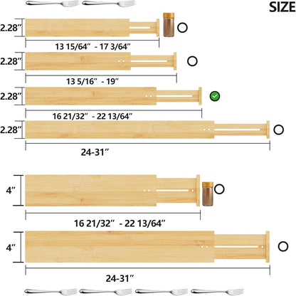Bamboo Expandable Drawer Dividers – Fits 13.3"–19" Drawers, 2" High, Set of 4 | Spring-Loaded Bamboo Separator for Kitchen Island, Bathroom Vanity & Dresser Drawers