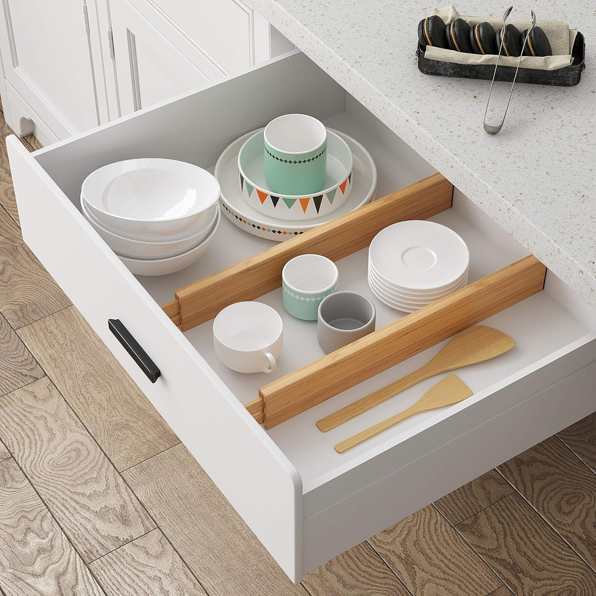 Bamboo Expandable Drawer Dividers – Fits 13.3"–19" Drawers, 2" High, Set of 4 | Spring-Loaded Bamboo Separator for Kitchen Island, Bathroom Vanity & Dresser Drawers