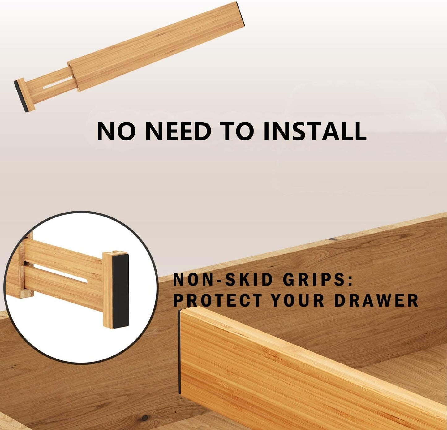 Bamboo Expandable Drawer Dividers – Fits 13.3"–19" Drawers, 2" High, Set of 4 | Spring-Loaded Bamboo Separator for Kitchen Island, Bathroom Vanity & Dresser Drawers