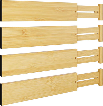 Bamboo Expandable Drawer Dividers – Fits 13.3"–19" Drawers, 2" High, Set of 4 | Spring-Loaded Bamboo Separator for Kitchen Island, Bathroom Vanity & Dresser Drawers