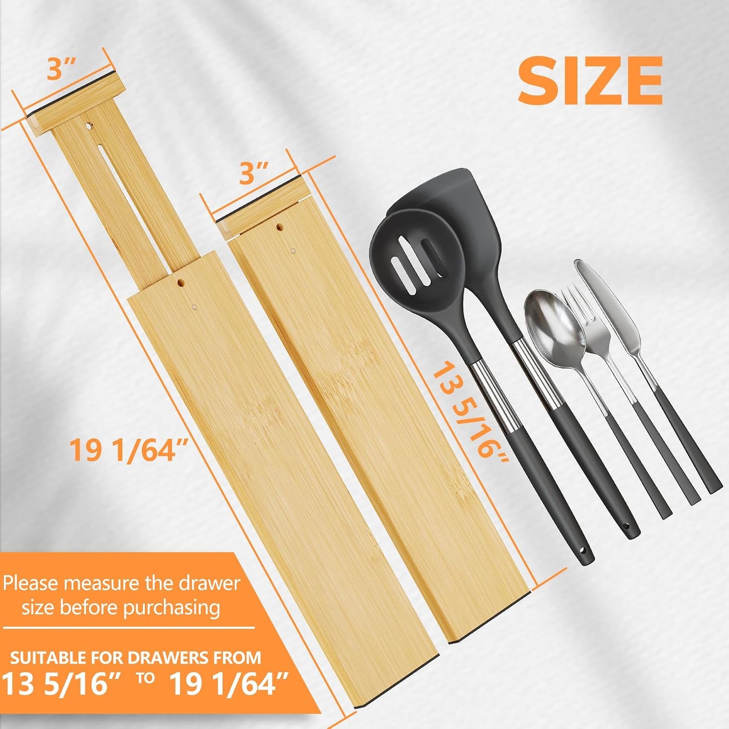 Bamboo Expandable Drawer Dividers – Fits 13.3"–19" Drawers, 2" High, Set of 4 | Spring-Loaded Bamboo Separator for Kitchen Island, Bathroom Vanity & Dresser Drawers