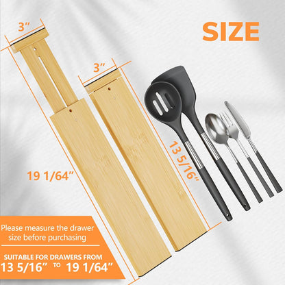Bamboo Expandable Drawer Dividers – Fits 13.3"–19" Drawers, 2" High, Set of 4 | Spring-Loaded Bamboo Separator for Kitchen Island, Bathroom Vanity & Dresser Drawers