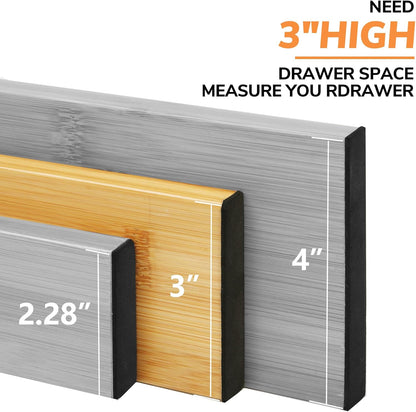 Bamboo Expandable Drawer Dividers – Fits 13.3"–19" Drawers, 2" High, Set of 4 | Spring-Loaded Bamboo Separator for Kitchen Island, Bathroom Vanity & Dresser Drawers