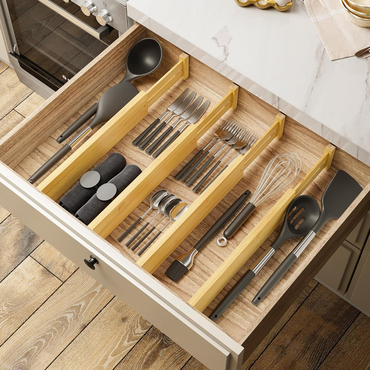 Bamboo Expandable Drawer Dividers – Fits 13.3"–19" Drawers, 2" High, Set of 4 | Spring-Loaded Bamboo Separator for Kitchen Island, Bathroom Vanity & Dresser Drawers