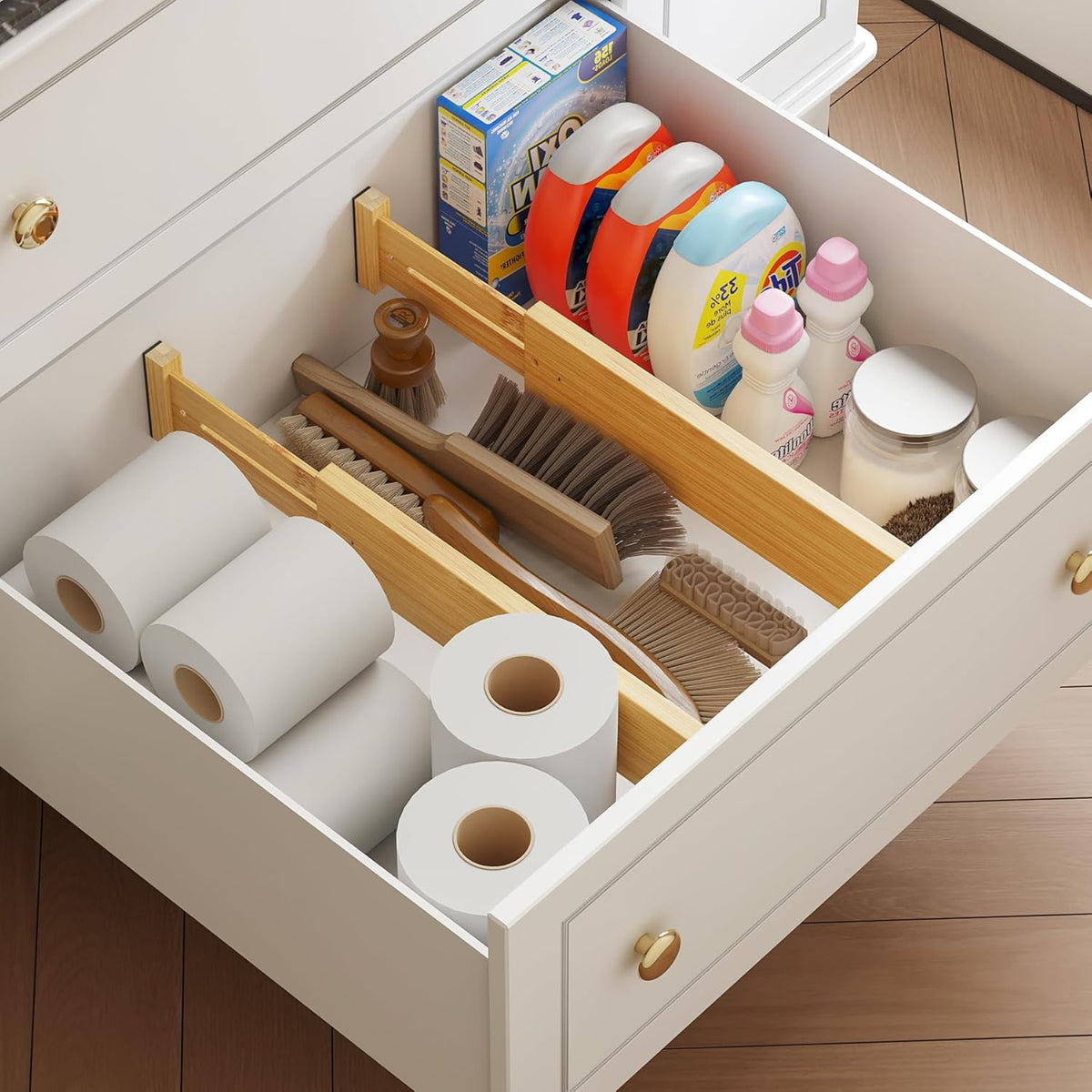Bamboo Expandable Drawer Dividers – Fits 13.3"–19" Drawers, 2" High, Set of 4 | Spring-Loaded Bamboo Separator for Kitchen Island, Bathroom Vanity & Dresser Drawers
