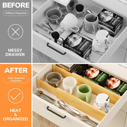 Bamboo Expandable Drawer Dividers – Fits 13.3"–19" Drawers, 2" High, Set of 4 | Spring-Loaded Bamboo Separator for Kitchen Island, Bathroom Vanity & Dresser Drawers