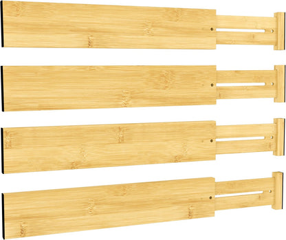 Bamboo Expandable Drawer Dividers – Fits 13.3"–19" Drawers, 2" High, Set of 4 | Spring-Loaded Bamboo Separator for Kitchen Island, Bathroom Vanity & Dresser Drawers