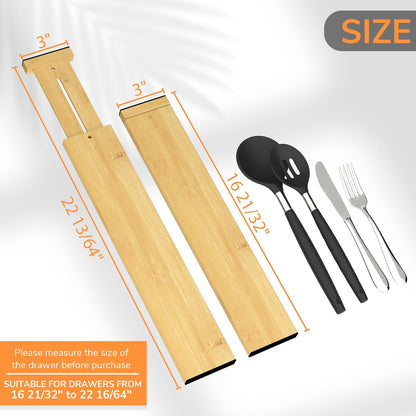 Bamboo Expandable Drawer Dividers – Fits 13.3"–19" Drawers, 2" High, Set of 4 | Spring-Loaded Bamboo Separator for Kitchen Island, Bathroom Vanity & Dresser Drawers