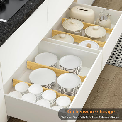 Bamboo Expandable Drawer Dividers – Fits 13.3"–19" Drawers, 2" High, Set of 4 | Spring-Loaded Bamboo Separator for Kitchen Island, Bathroom Vanity & Dresser Drawers