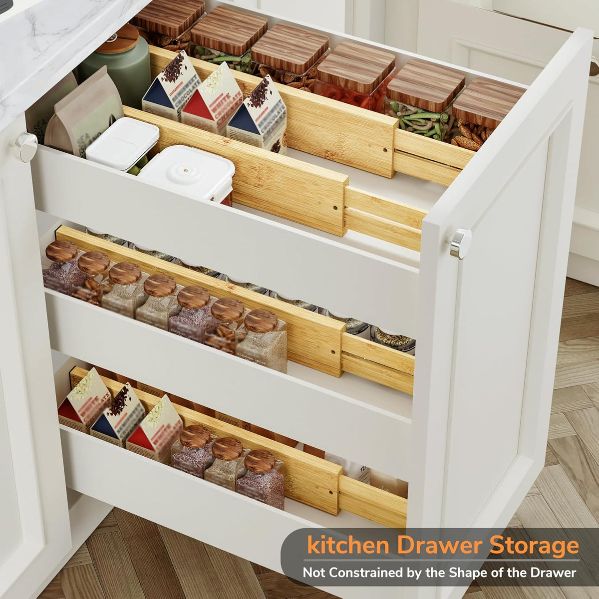 Bamboo Expandable Drawer Dividers – Fits 13.3"–19" Drawers, 2" High, Set of 4 | Spring-Loaded Bamboo Separator for Kitchen Island, Bathroom Vanity & Dresser Drawers