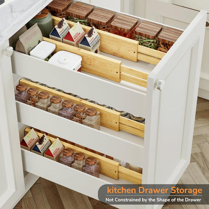Bamboo Expandable Drawer Dividers – Fits 13.3"–19" Drawers, 2" High, Set of 4 | Spring-Loaded Bamboo Separator for Kitchen Island, Bathroom Vanity & Dresser Drawers