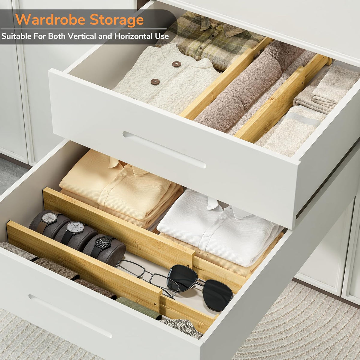 Bamboo Expandable Drawer Dividers – Fits 13.3"–19" Drawers, 2" High, Set of 4 | Spring-Loaded Bamboo Separator for Kitchen Island, Bathroom Vanity & Dresser Drawers