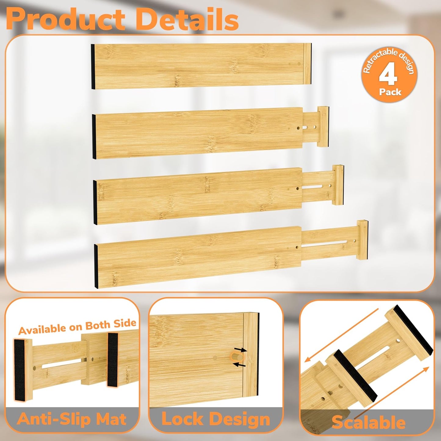 Bamboo Expandable Drawer Dividers – Fits 13.3"–19" Drawers, 2" High, Set of 4 | Spring-Loaded Bamboo Separator for Kitchen Island, Bathroom Vanity & Dresser Drawers