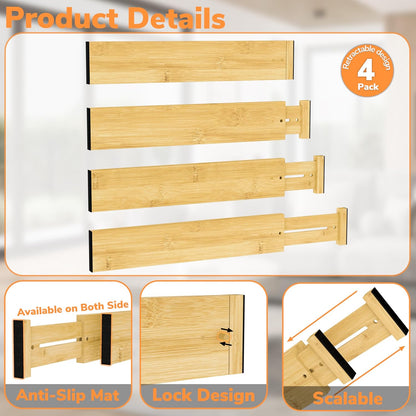 Bamboo Expandable Drawer Dividers – Fits 13.3"–19" Drawers, 2" High, Set of 4 | Spring-Loaded Bamboo Separator for Kitchen Island, Bathroom Vanity & Dresser Drawers