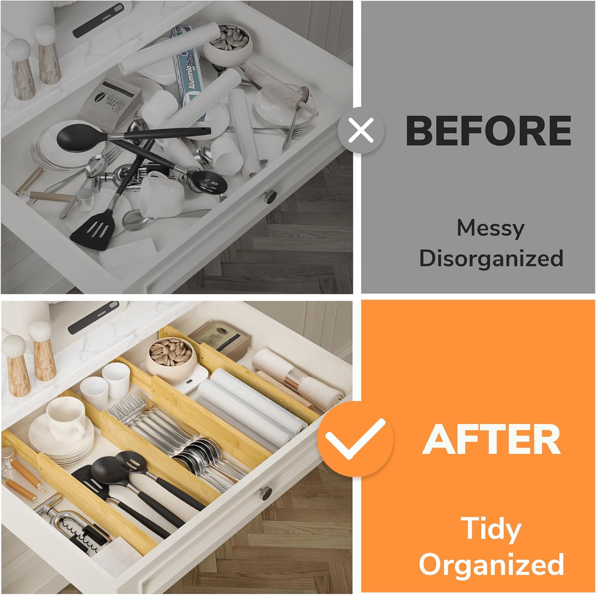 Bamboo Expandable Drawer Dividers – Fits 13.3"–19" Drawers, 2" High, Set of 4 | Spring-Loaded Bamboo Separator for Kitchen Island, Bathroom Vanity & Dresser Drawers