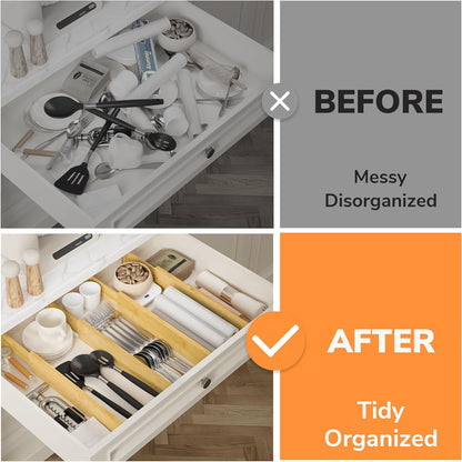 Bamboo Expandable Drawer Dividers – Fits 13.3"–19" Drawers, 2" High, Set of 4 | Spring-Loaded Bamboo Separator for Kitchen Island, Bathroom Vanity & Dresser Drawers