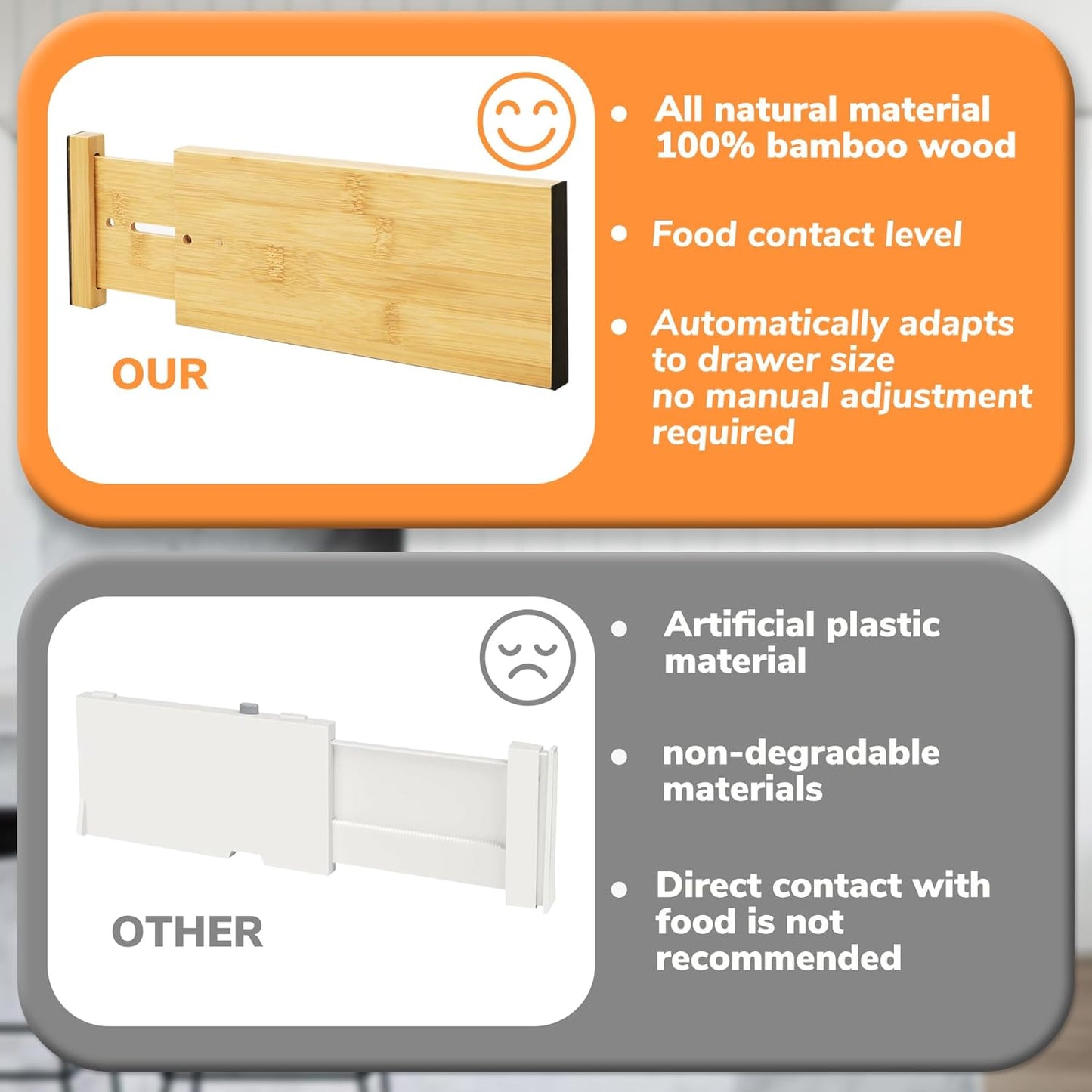 Bamboo Expandable Drawer Dividers – Fits 13.3"–19" Drawers, 2" High, Set of 4 | Spring-Loaded Bamboo Separator for Kitchen Island, Bathroom Vanity & Dresser Drawers