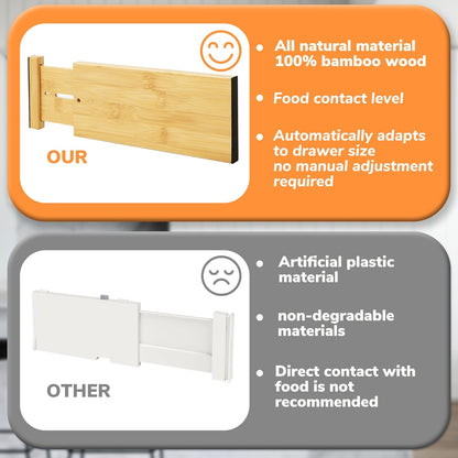 Bamboo Expandable Drawer Dividers – Fits 13.3"–19" Drawers, 2" High, Set of 4 | Spring-Loaded Bamboo Separator for Kitchen Island, Bathroom Vanity & Dresser Drawers