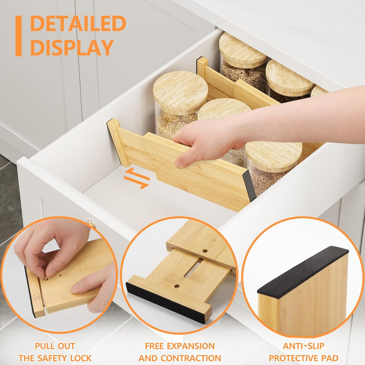 Bamboo Expandable Drawer Dividers – Fits 13.3"–19" Drawers, 2" High, Set of 4 | Spring-Loaded Bamboo Separator for Kitchen Island, Bathroom Vanity & Dresser Drawers