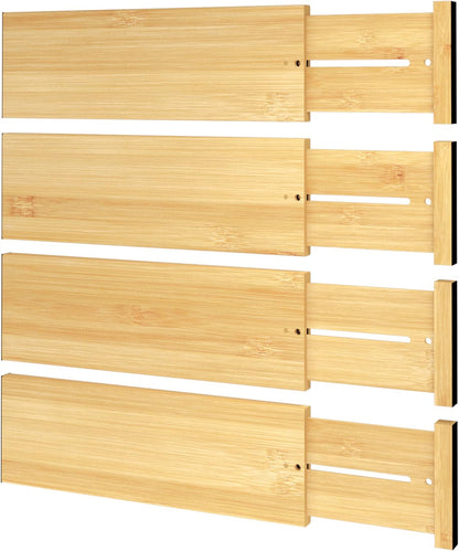 Bamboo Expandable Drawer Dividers – Fits 13.3"–19" Drawers, 2" High, Set of 4 | Spring-Loaded Bamboo Separator for Kitchen Island, Bathroom Vanity & Dresser Drawers