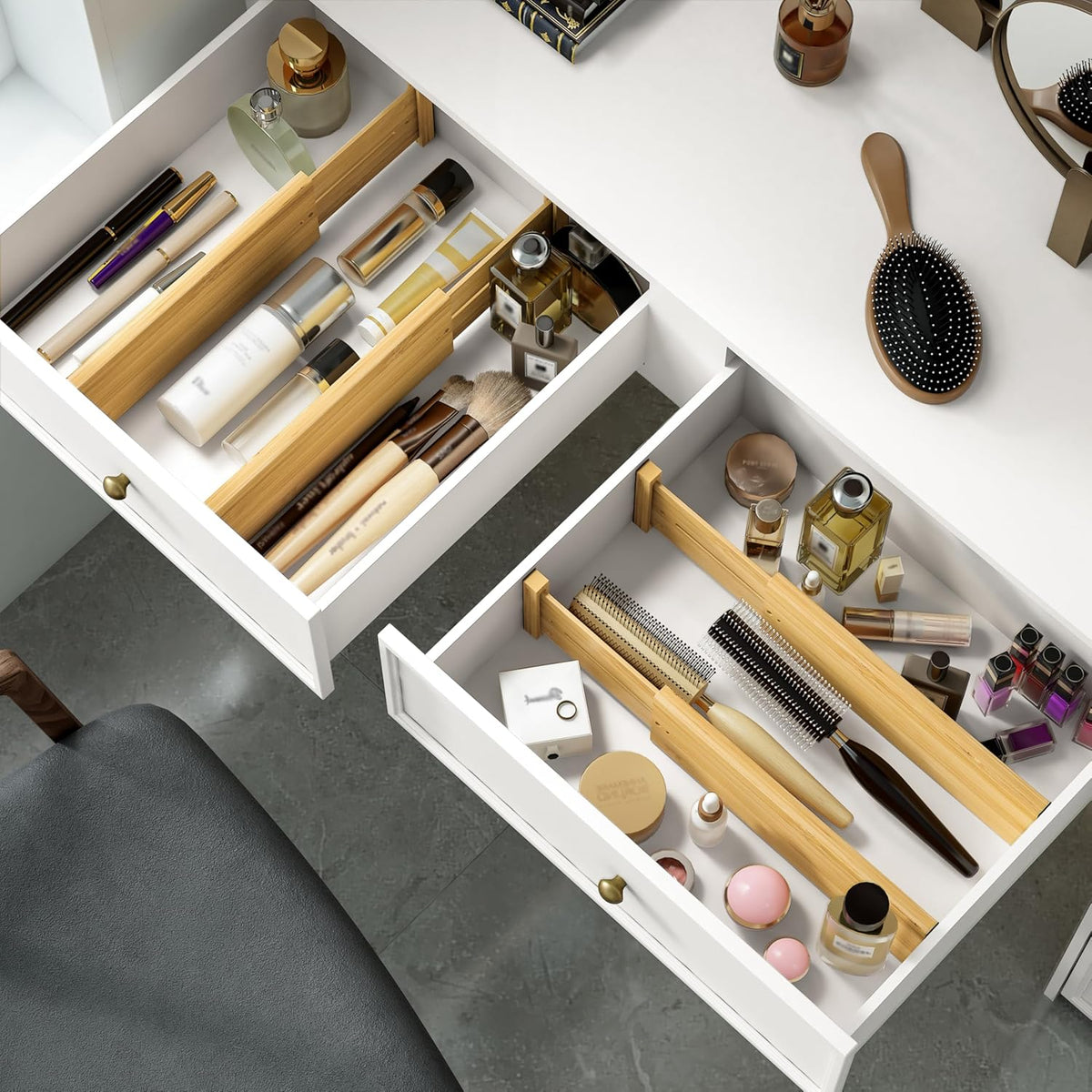Bamboo Expandable Drawer Dividers – Fits 13.3"–19" Drawers, 2" High, Set of 4 | Spring-Loaded Bamboo Separator for Kitchen Island, Bathroom Vanity & Dresser Drawers