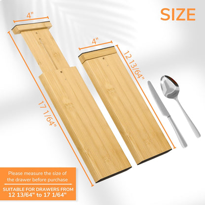 Bamboo Expandable Drawer Dividers – Fits 13.3"–19" Drawers, 2" High, Set of 4 | Spring-Loaded Bamboo Separator for Kitchen Island, Bathroom Vanity & Dresser Drawers
