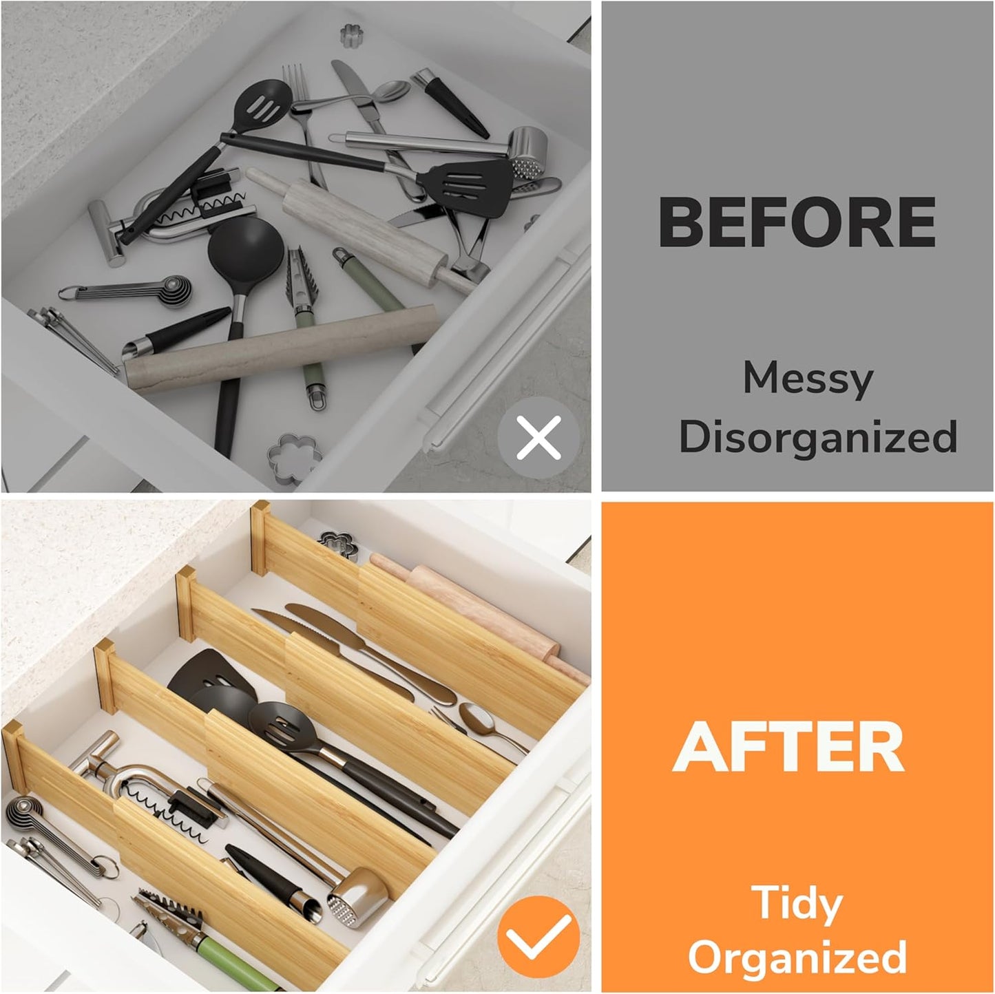 Bamboo Expandable Drawer Dividers – Fits 13.3"–19" Drawers, 2" High, Set of 4 | Spring-Loaded Bamboo Separator for Kitchen Island, Bathroom Vanity & Dresser Drawers