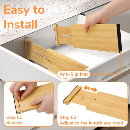 Bamboo Expandable Drawer Dividers – Fits 13.3"–19" Drawers, 2" High, Set of 4 | Spring-Loaded Bamboo Separator for Kitchen Island, Bathroom Vanity & Dresser Drawers