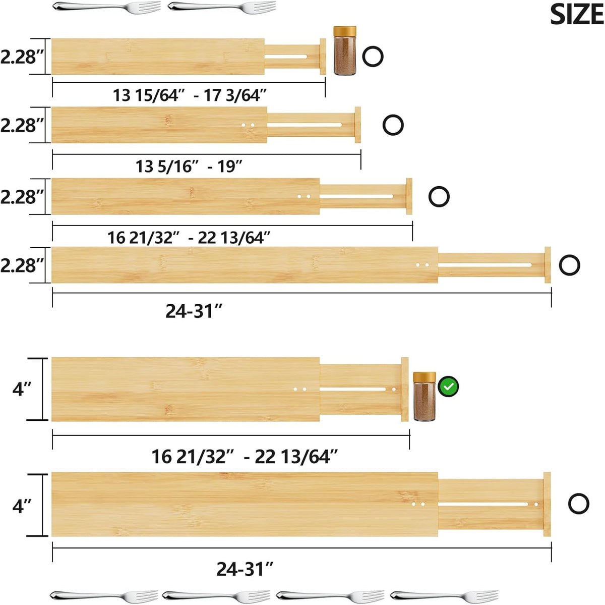 Bamboo Expandable Drawer Dividers – Fits 13.3"–19" Drawers, 2" High, Set of 4 | Spring-Loaded Bamboo Separator for Kitchen Island, Bathroom Vanity & Dresser Drawers