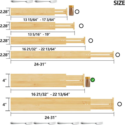 Bamboo Expandable Drawer Dividers – Fits 13.3"–19" Drawers, 2" High, Set of 4 | Spring-Loaded Bamboo Separator for Kitchen Island, Bathroom Vanity & Dresser Drawers